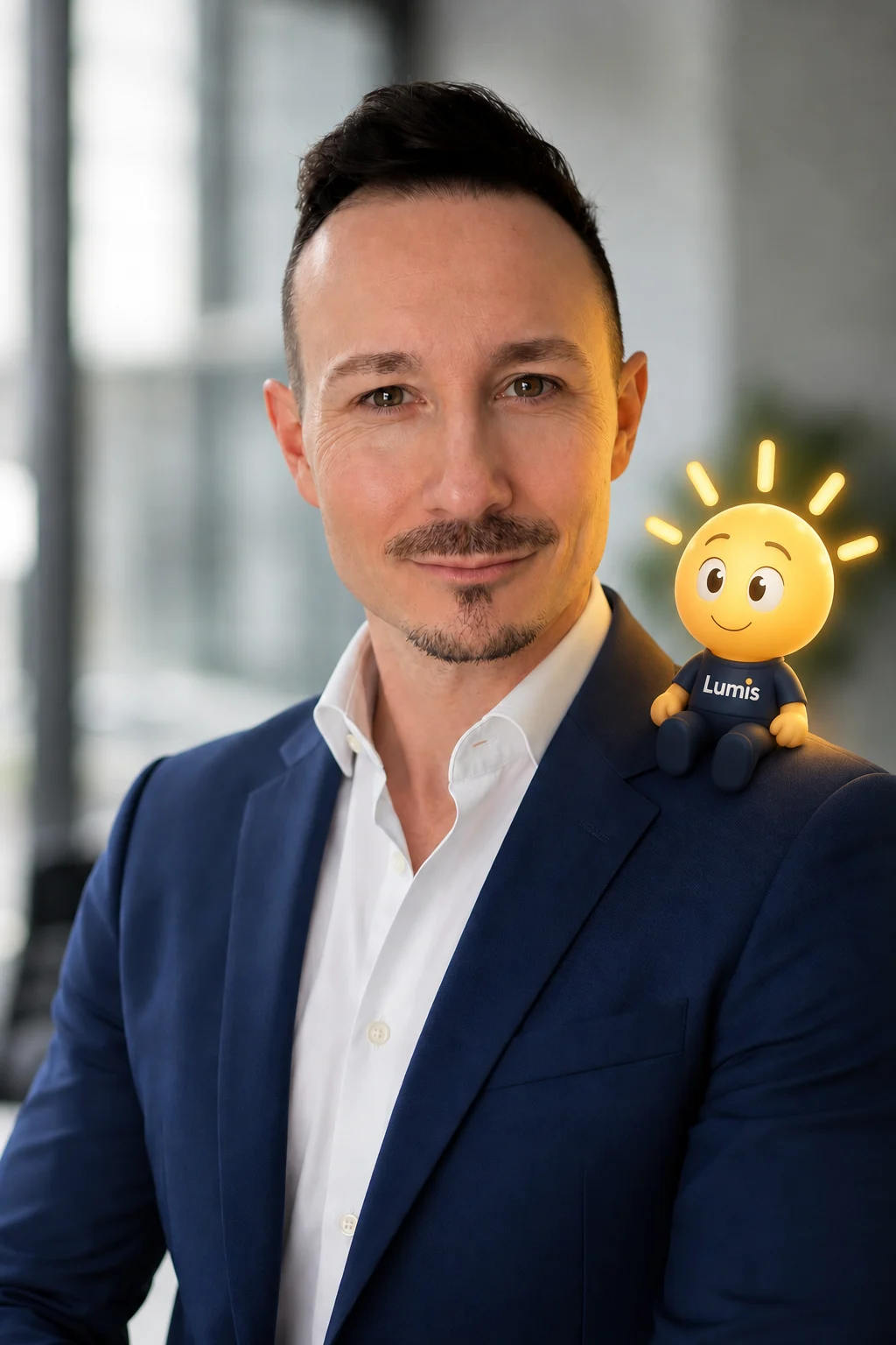 Manuel Dandler, Gründer von Lumis, im blauen Sakko. Auf seiner Schulter sitzt Lumi, das Maskottchen: eine leuchtende Glühbirne im Lumis-Shirt.