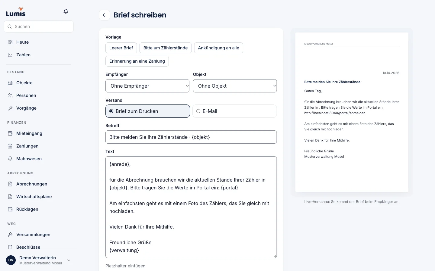 Vorschau eines Briefs in Lumis als A4-Seite