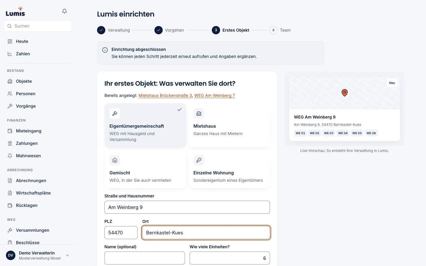 Lumis Einrichtung: erstes Objekt anlegen mit Live-Vorschau