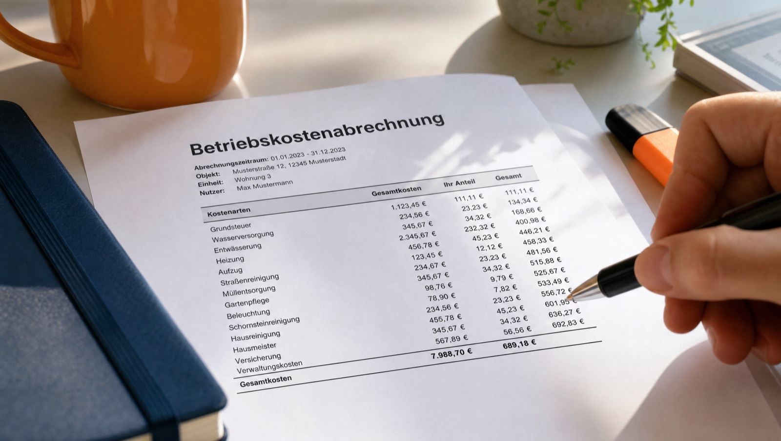 Hausverwalterin prüft Zählerstände und Energierechnungen für die Betriebskostenabrechnung am Schreibtisch